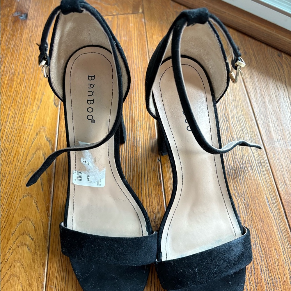BAMBOO Black Heeled Sandals with Ankle Strap